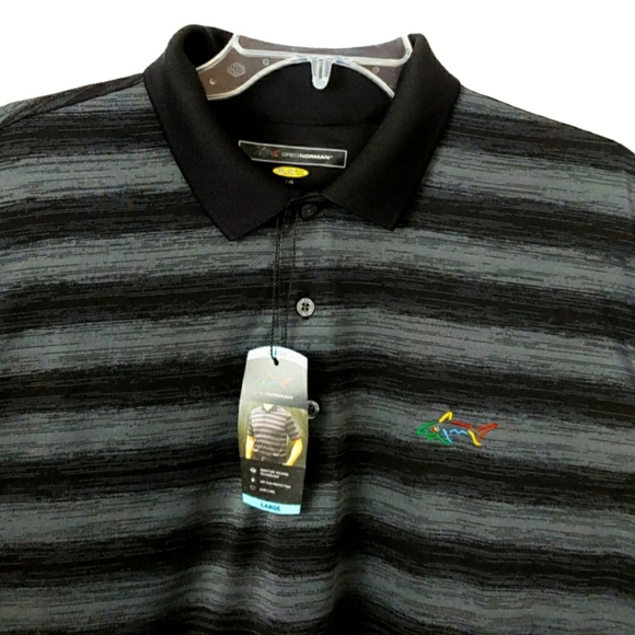 NWT Greg Norman Silver / Grey Stripe Button Polo - Picture 2 of 6